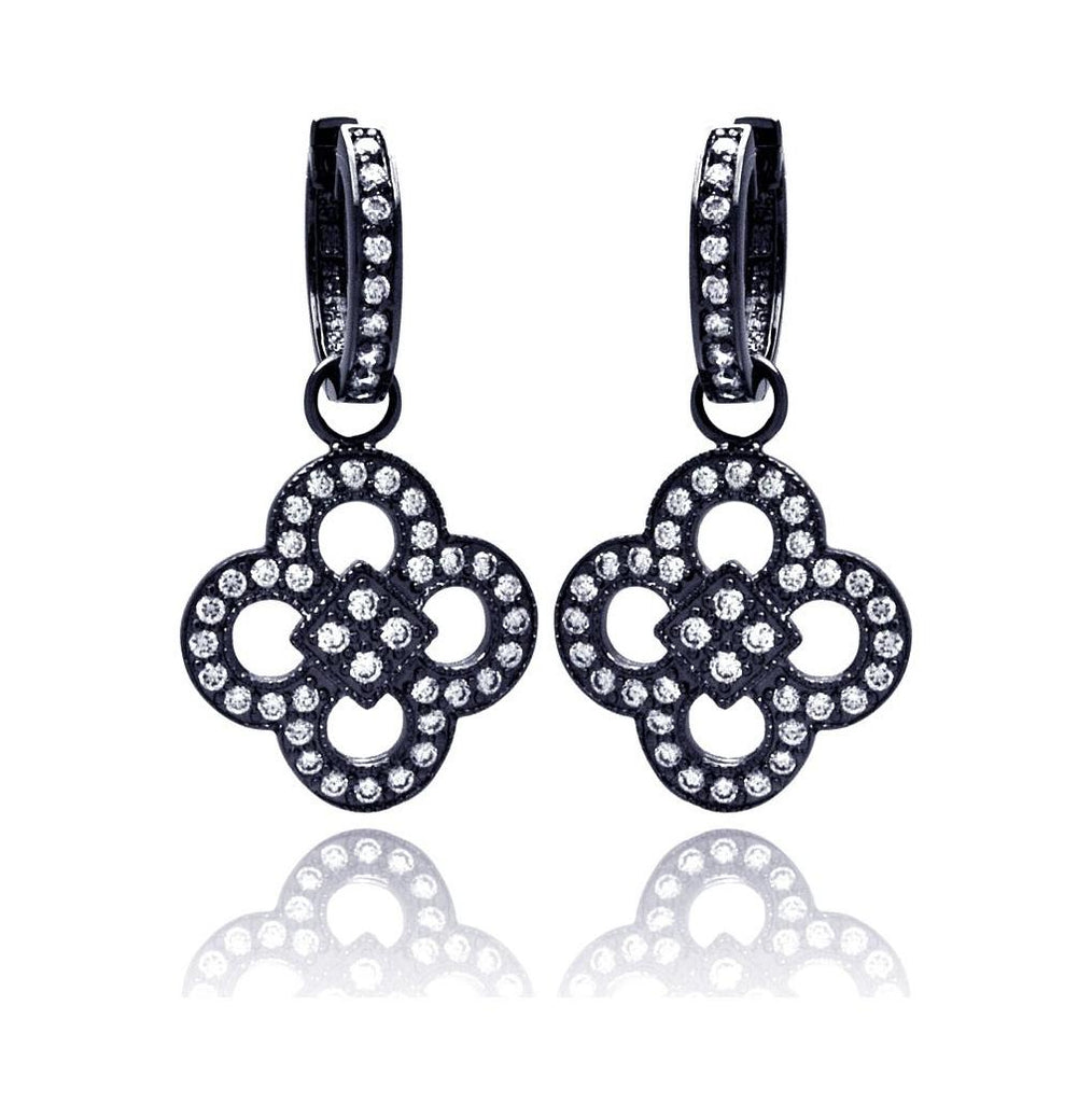 .925 Sterling Silver Black Rhodium Plated Clear Cz Clover Dangling Hoop Earring