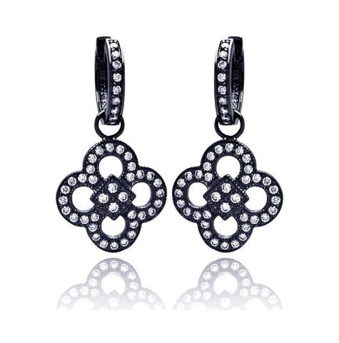 .925 Sterling Silver Black Rhodium Plated Clear Cz Clover Dangling Hoop Earring