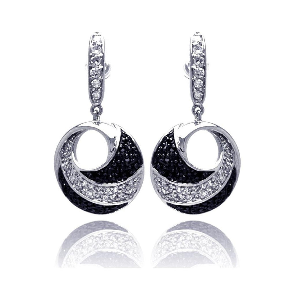 .925 Sterling Silver Black & Silver Rhodium Plated Open Circle Black And Clear Cz Earring