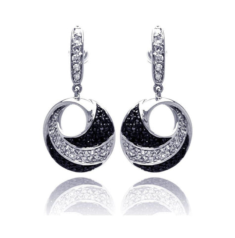 .925 Sterling Silver Black & Silver Rhodium Plated Open Circle Black And Clear Cz Earring