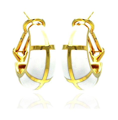 .925 Sterling Silver Gold Rhodium Plated White Enamel Lever Back Earring