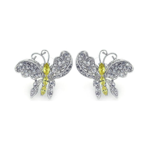 .925 Sterling Silver Rhodium Plated Yellow Cz Butterfly Stud Earring