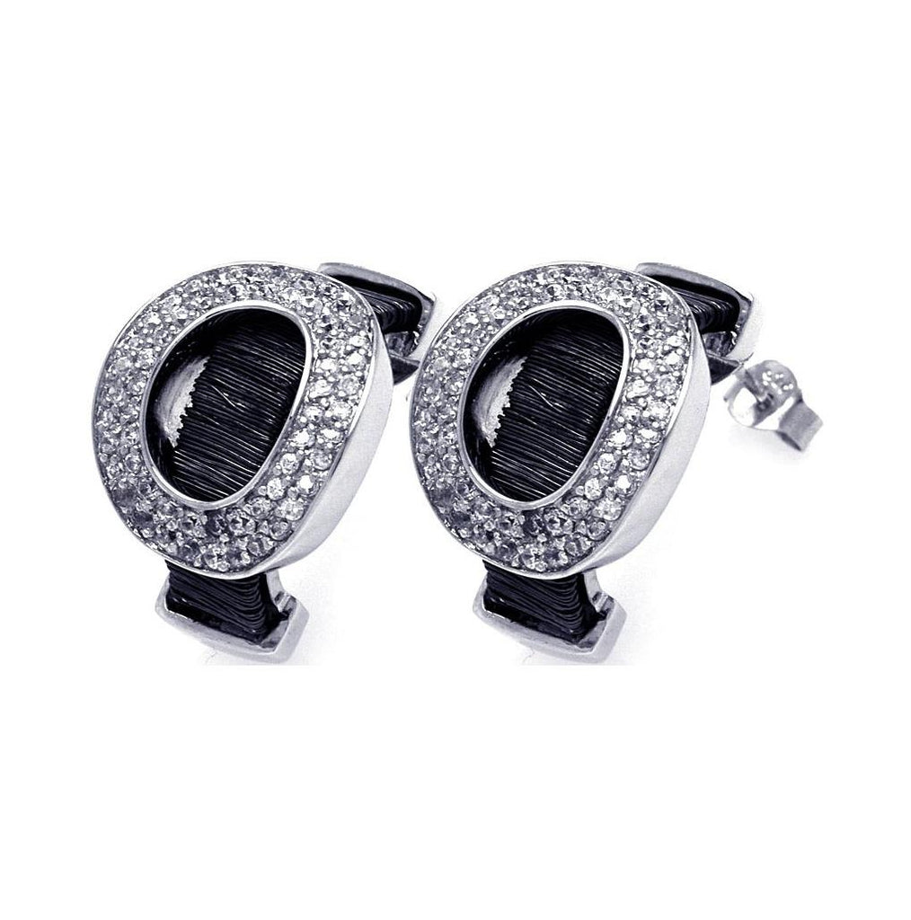 .925 Sterling Silver Black & Silver Rhodium Plated Oval Letter O Cz Stud Earring