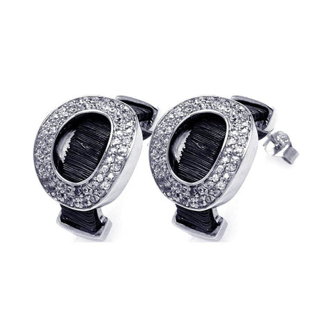 .925 Sterling Silver Black & Silver Rhodium Plated Oval Letter O Cz Stud Earring