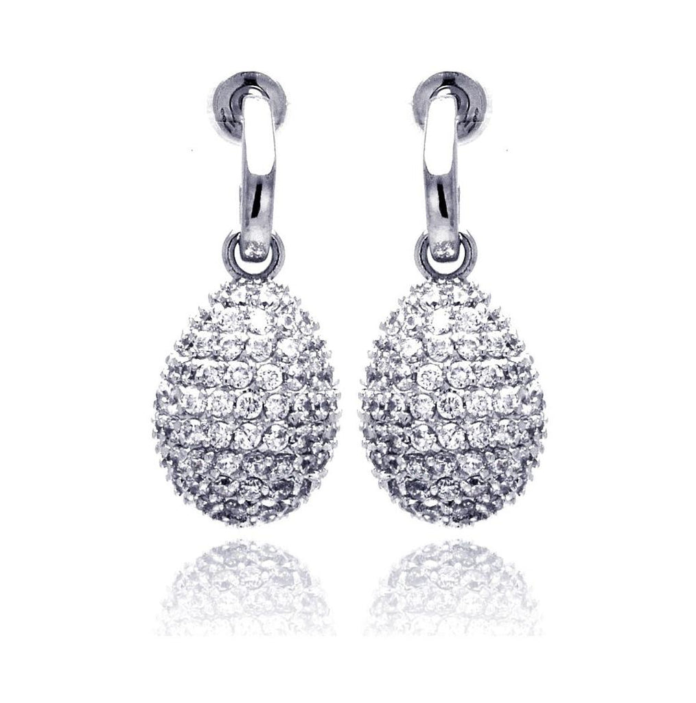 .925 Sterling Silver Rhodium Plated Oval Disco Ball Pear Cz Dangling Stud Earring