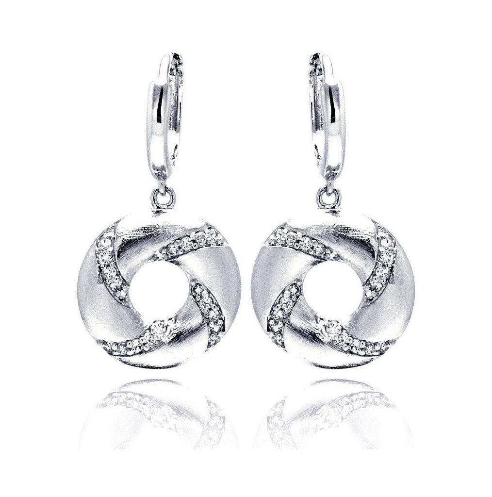 .925 Sterling Silver Rhodium Plated Open Circle Stripped Cz Dangling Hoop Earring