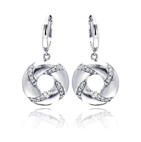 .925 Sterling Silver Rhodium Plated Open Circle Stripped Cz Dangling Hoop Earring