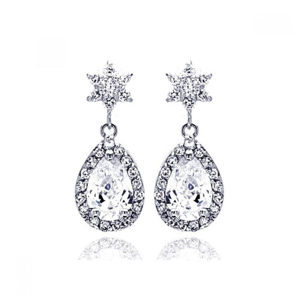 .925 Sterling Silver Rhodioum Plated Star Teardrop Center Clear Cz Inlay Outline Dangling Stud Earring