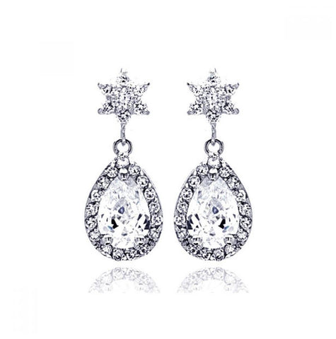 .925 Sterling Silver Rhodioum Plated Star Teardrop Center Clear Cz Inlay Outline Dangling Stud Earring