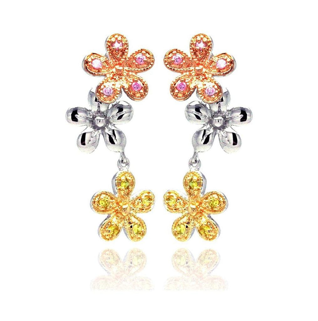 .925 Sterling Silver Rhodium Plated Multicolor Flower Cz Dangling Stud Earring