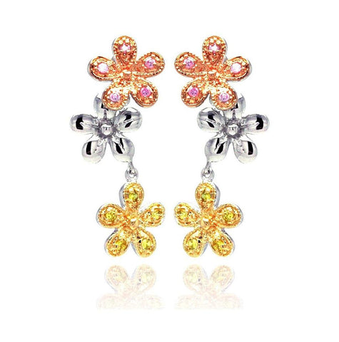 .925 Sterling Silver Rhodium Plated Multicolor Flower Cz Dangling Stud Earring