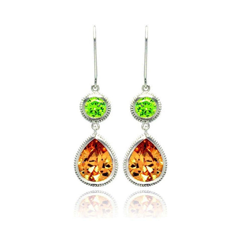 .925 Sterling Silver Rhodium Plated Multicolor Round Teardrop Cz Wire Dangling Stud Earring