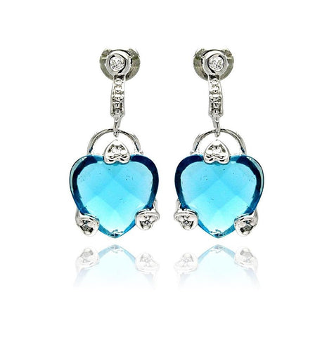 .925 Sterling Silver Rhodium Plated Blue Heart Cz Dangling Earring