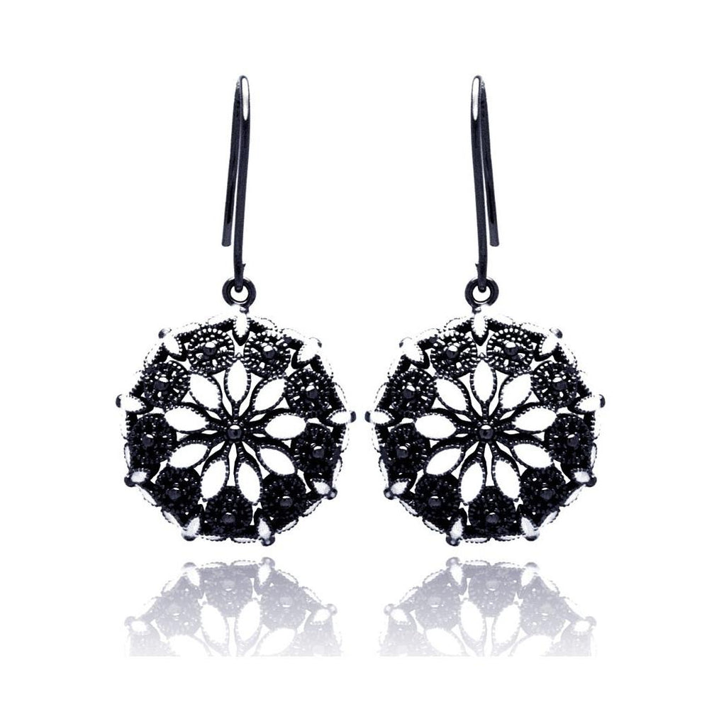 .925 Sterling Silver Black Rhodium Plated Round Marqui Clear Cz Dangling Hook Earring