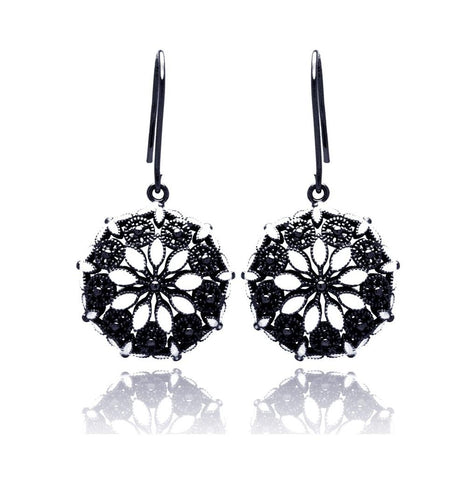 .925 Sterling Silver Black Rhodium Plated Round Marqui Clear Cz Dangling Hook Earring