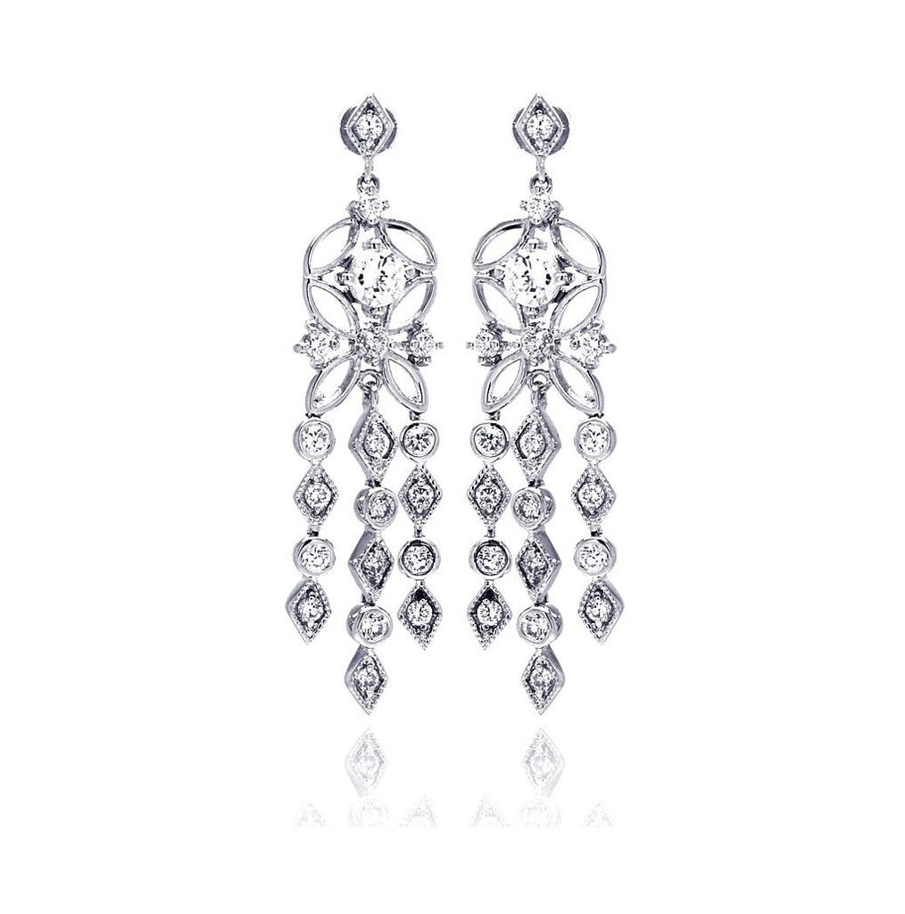 .925 Sterling Silver Rhodium Plated Star Round Marqui Cz Three Strand Dangling Stud Chandelier Earring