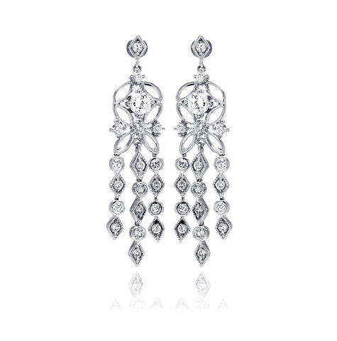 .925 Sterling Silver Rhodium Plated Star Round Marqui Cz Three Strand Dangling Stud Chandelier Earring