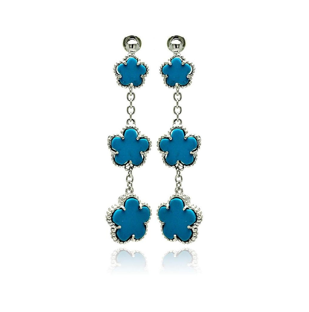 .925 Sterling Silver Rhodium Plated Graduated Torquoise Flower Cz Wire Dangling Stud Earring