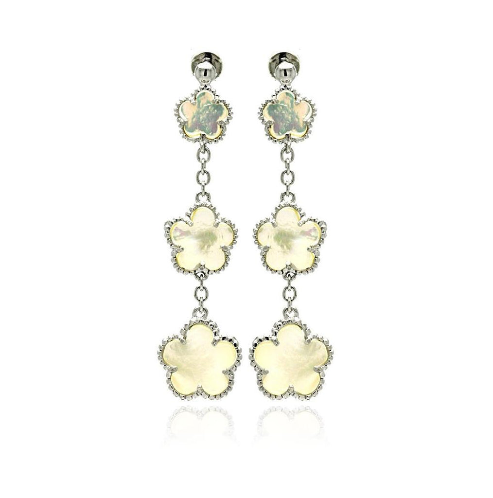 .925 Sterling Silver Rhodium Plated Graduated Pearl Flower Cz Wire Dangling Stud Earring