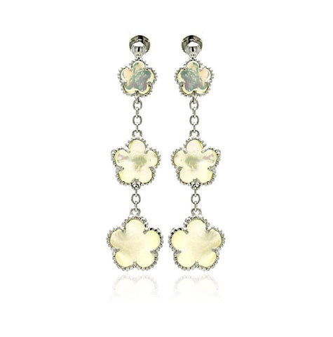 .925 Sterling Silver Rhodium Plated Graduated Pearl Flower Cz Wire Dangling Stud Earring