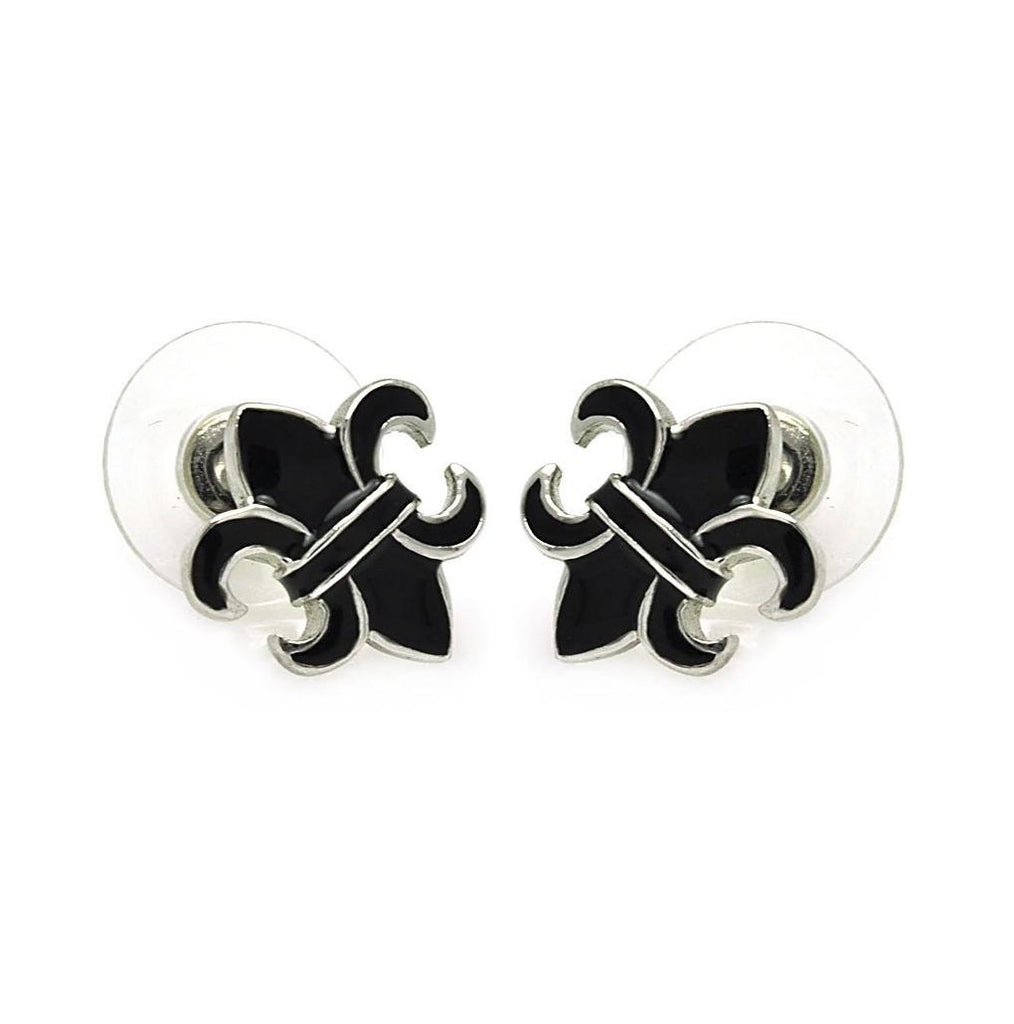 .925 Sterling Silver Rhodioum Plated Black Fleur De Lis Stud Earring