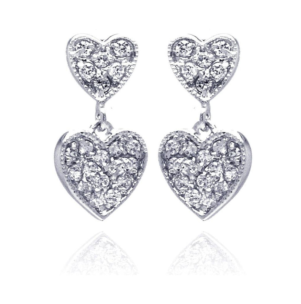 .925 Sterling Silver Rhodium Plated Graduated Two Heart Cz Inlay Dangling Stud Earring