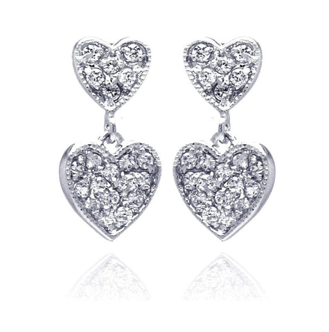 .925 Sterling Silver Rhodium Plated Graduated Two Heart Cz Inlay Dangling Stud Earring