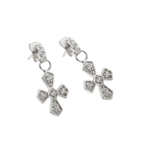 .925 Sterling Silver Rhodioum Plated Cross Clear Cz Inlay Dangling Stud Earring