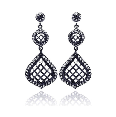 .925 Sterling Silver Black Rhodium Plated Round Pear Teardrop Cz Dangling Stud Earring