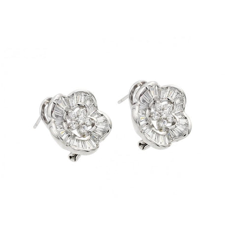 .925 Sterling Silver Rhodioum Plated Flower Clear Cz Inlay Stud Earring