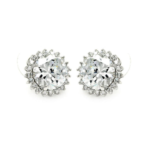 .925 Sterling Silver Rhodioum Plated Round Center Sun Cz Stud Earring