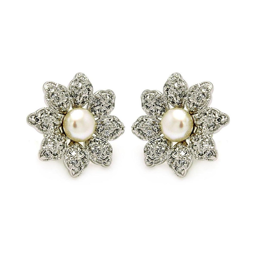 .925 Sterling Silver Rhodioum Plated Flower Cz Inlay Center Pearl Stud Earring