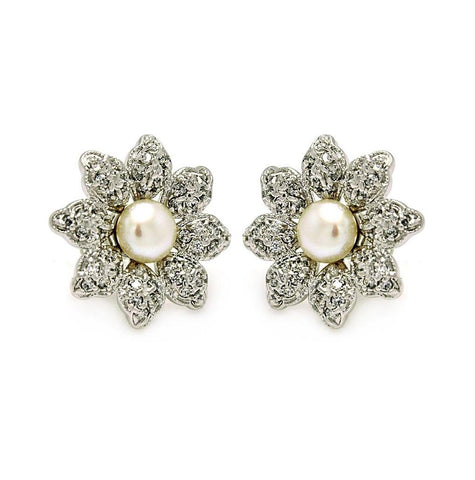 .925 Sterling Silver Rhodioum Plated Flower Cz Inlay Center Pearl Stud Earring