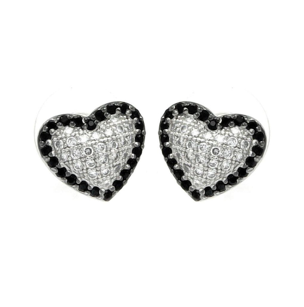 .925 Sterling Silver Rhodioum Plated Black & Clear Heart Cz Inlay Outline Stud Earring