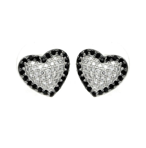 .925 Sterling Silver Rhodioum Plated Black & Clear Heart Cz Inlay Outline Stud Earring