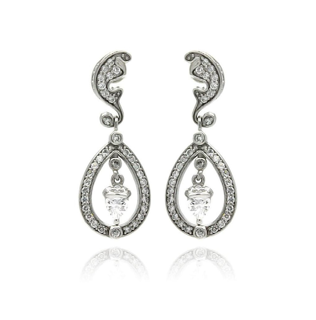 .925 Sterling Silver Rhodium Plated Teardrop Filigree Cz Dangling Stud Earring