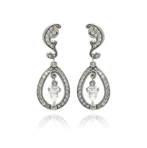 .925 Sterling Silver Rhodium Plated Teardrop Filigree Cz Dangling Stud Earring