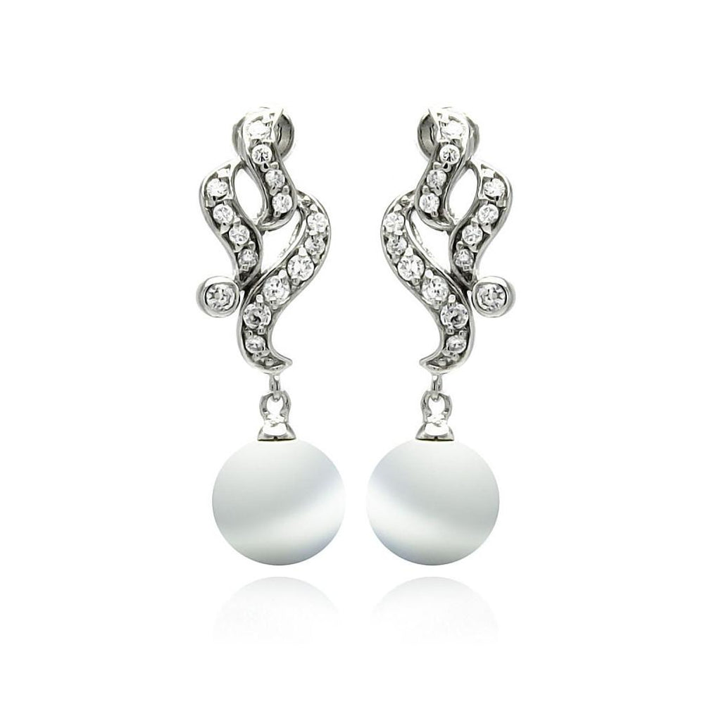 .925 Sterling Silver Rhodium Plated Filigree Cz Dangling Synthetic Pearl Earring