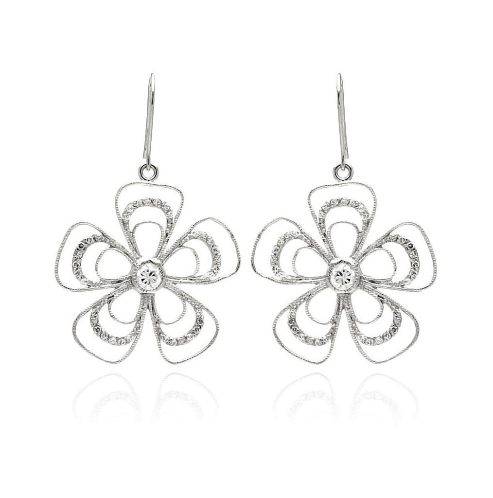 .925 Sterling Silver Rhodium Plated Open Flower Cz Dangling Hook Earring