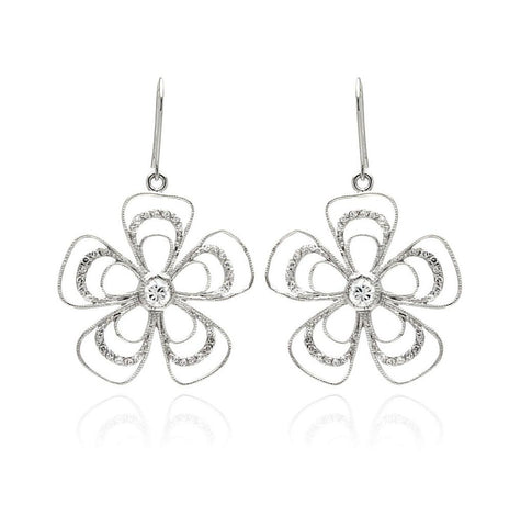 .925 Sterling Silver Rhodium Plated Open Flower Cz Dangling Hook Earring