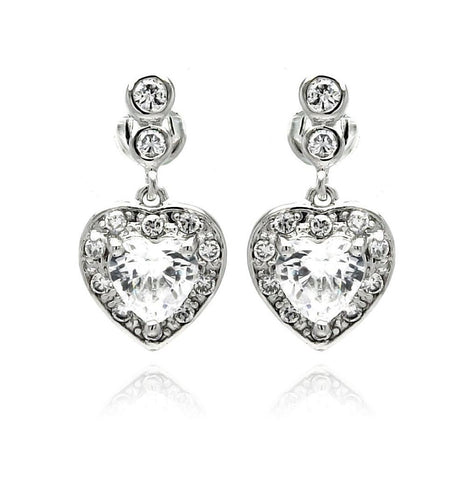 .925 Sterling Silver Rhodium Plated Heart Cz Dangling Earring