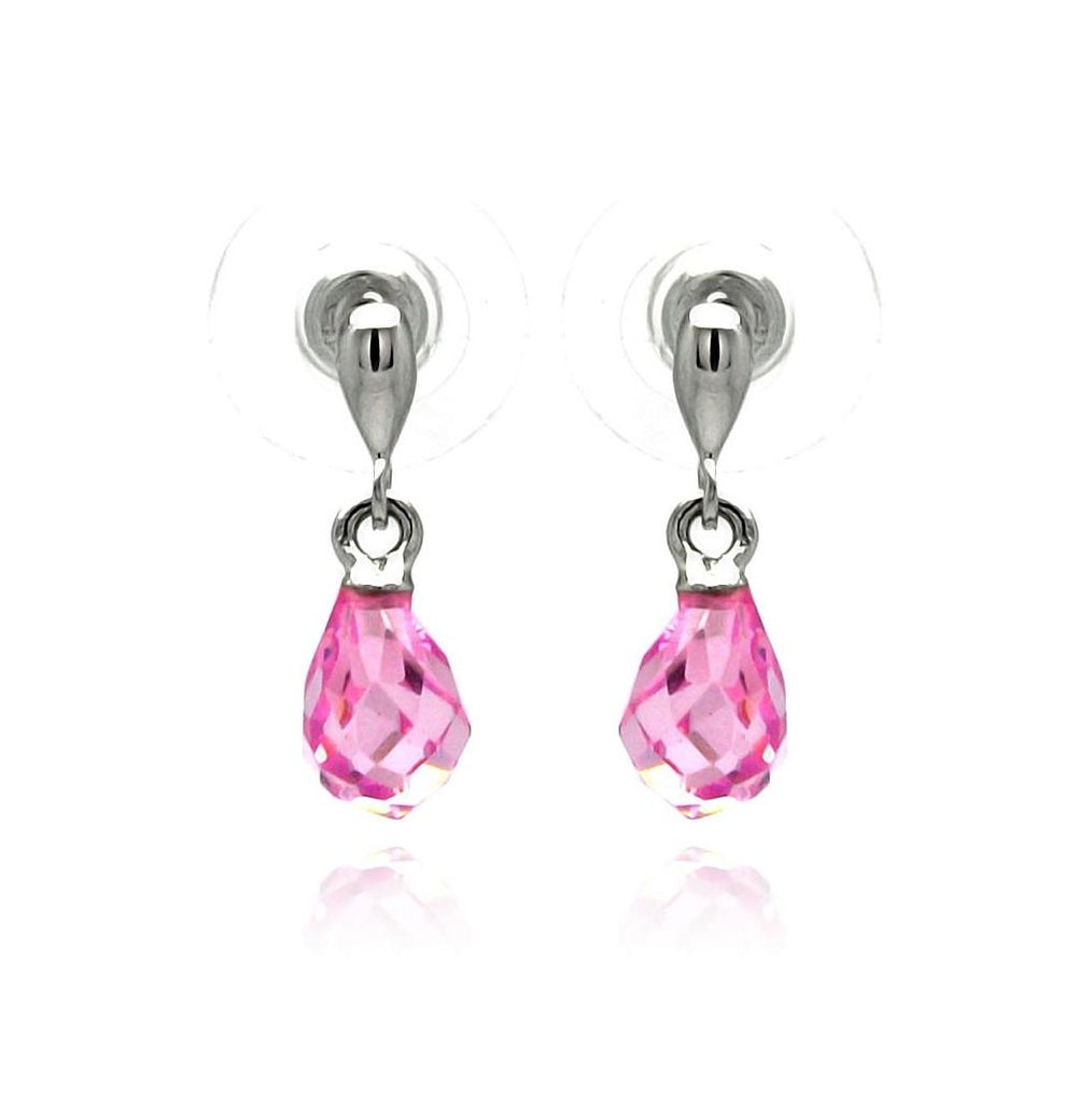 .925 Sterling Silver Rhodium Plated Pear Teardrop Pink Cz Dangling Stud Earring