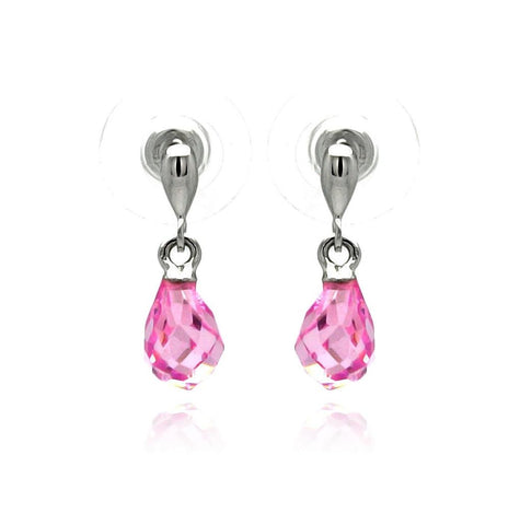 .925 Sterling Silver Rhodium Plated Pear Teardrop Pink Cz Dangling Stud Earring