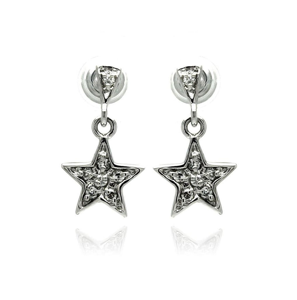 .925 Sterling Silver Rhodium Plated Star Cz Inlay Dangling Stud Earring