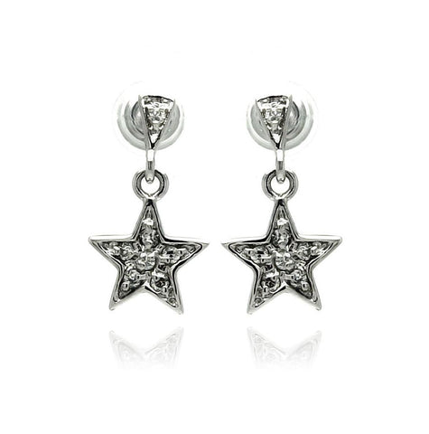 .925 Sterling Silver Rhodium Plated Star Cz Inlay Dangling Stud Earring