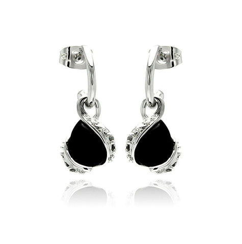 .925 Sterling Silver Rhodium Plated Cz Black Teardrop Onyx Dangling Stud Earring