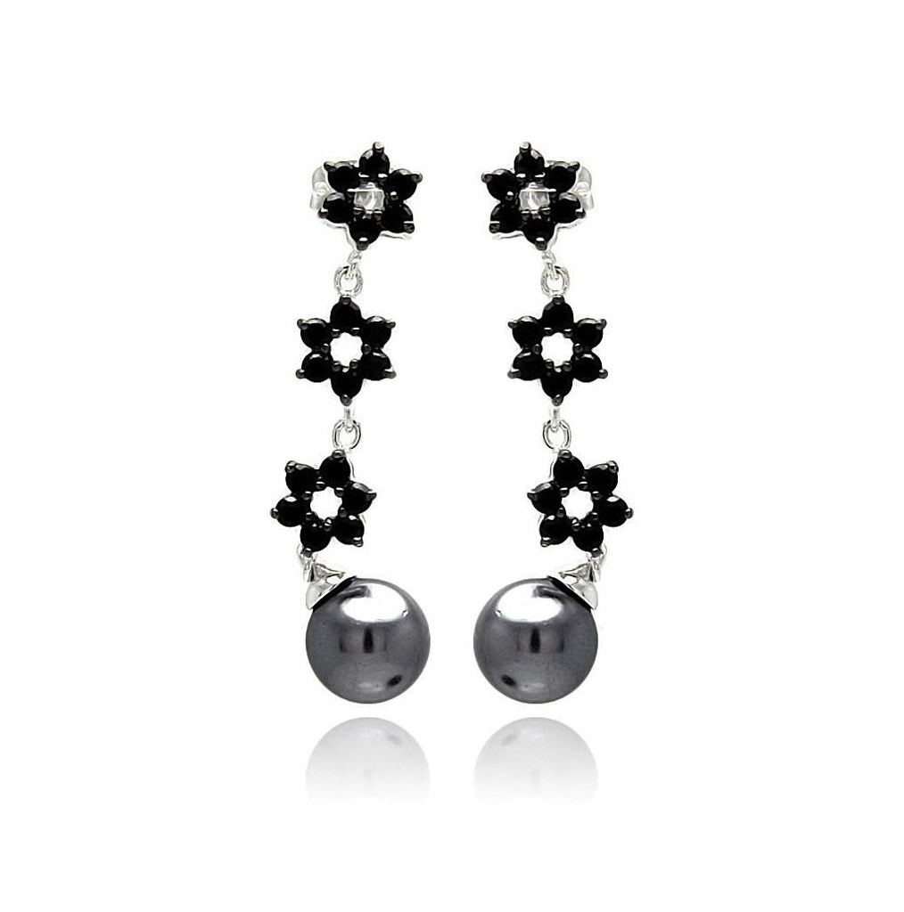 .925 Sterling Silver Rhodium Plated Flower Round Cz Black Synthetic Pearl Dangling Stud Earring