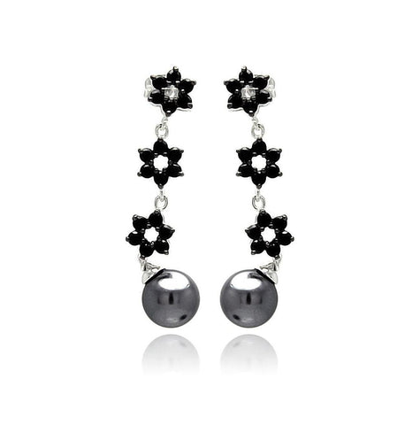 .925 Sterling Silver Rhodium Plated Flower Round Cz Black Synthetic Pearl Dangling Stud Earring