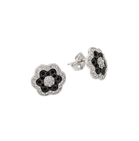 .925 Sterling Silver Black & Silver Rhodium Plated Flower Cz Stud Earring