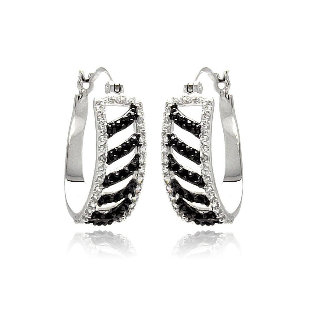 .925 Sterling Silver Rhodioum Plated White Enamel Black Stripe Cz Hoop Earring